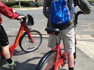 Red bikes with yellow writing.